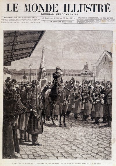 Odchod roty 200. pluku. Pozdrav vlajce na Gare de Lyon. ""Ilustrovaný svět"". 23/03/1895. Výkres. od Unknown artist