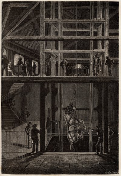 Sestup koně v dolech Creusot, používaný v podzemních tunelech pro přepravu povozů uhlí. Rytina pro ilustraci plavby na Creusot a doly Saone a Loire v roce 1865 od L. Simonina v „“ Le tour du monde, nouveau journal des od Unknown artist