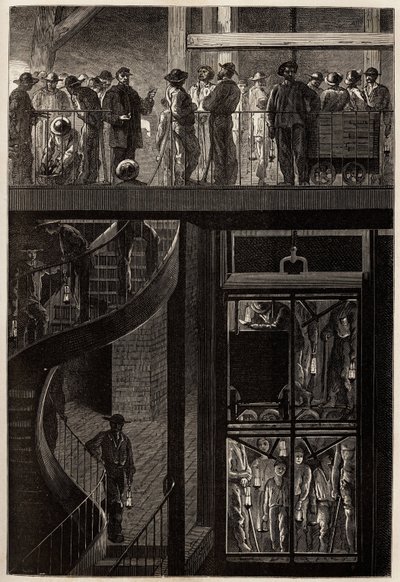 Sestup horníků (mužů, žen a dětí) výtahovou klecí do podzemních štol uhelných dolů Creusot. Rytina pro ilustraci plavby na Creusot a doly Saone a Loire v roce 1865 od L. Simonina v „“ Le tour du m od Unknown artist