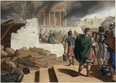 Zničení chrámu a města Jeruzaléma v roce 70 římským císařem Titem (40-81). Anonymní rytina z poloviny 19. století. od Unknown artist