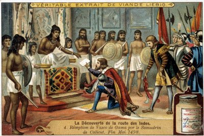 Objev indické cesty: Přijetí Vasca da Gamy samudrinem z Calicutu, konec května 1498 - reklamní viněta Liébig od Unknown artist