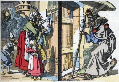 Přestrojený vlk klepe na dveře domu s kozou a bikety. Ilustrace příběhu „Compere le Loup, Maitre Renard, Comere la Chevre et ses petits biquets““ podle bajky Jean de la Fontaine. V “” Příběhy z domova pro malé od Unknown artist