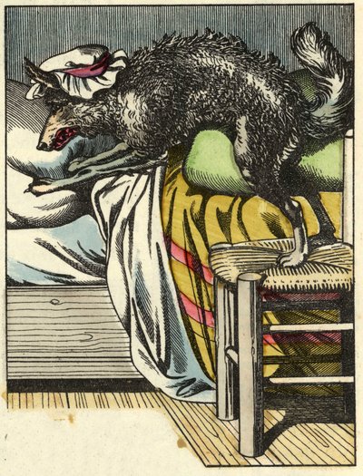 Přestrojený vlk zaujme místo babičky v posteli. Ilustrace pohádky „Červená karkulka“ od Charlese Perraulta od Unknown artist