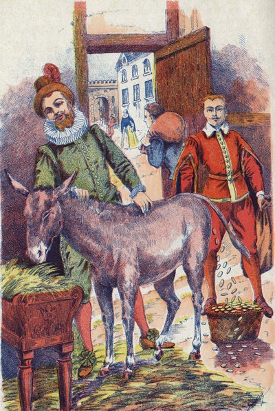 Osel se zlatým Ecusem. Ilustrace k příběhu „Oslí kůže“ od Charlese Perraulta (1628-1703), francouzského spisovatele. Anonymní ilustrace. Snímky Marcel Vagne, Jarville Nancy, nedatováno (konec 19. století). od Unknown artist