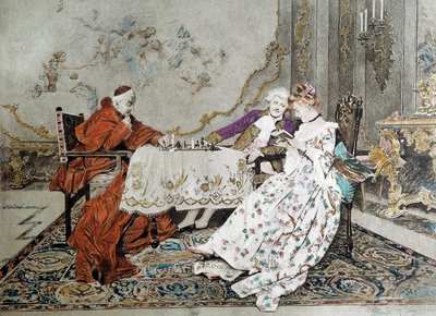 Dvojdíl Kardinál bojuje v šachové partii proti mladému muži se zapojí do hry svádění s mladou ženou v jeho blízkosti. Ilustrace 19. století. Paříž, dekorativní umění od Unknown artist