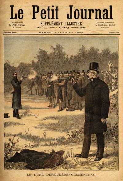 Souboj s pistolí (ve Francii zakázaný od roku 1626) mezi zástupci Paulem Derouledem (1846-1914) a Georgesem Clemenceauem (1841-1929), žádná škoda. Rytina v “” Le petit journal”” 7.1.1893. Selva sbírka. od Unknown artist