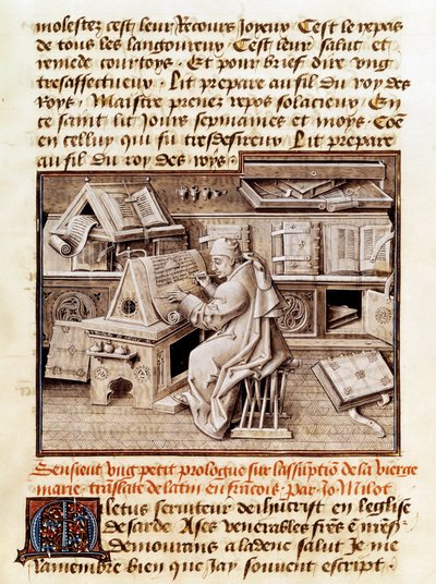 Církevní, kopista a překladatel Jean Mielot (zemř. 1472) představuje práci ve své kanceláři Page rukopisu z 15. století. Paříž, B.N. od Unknown artist