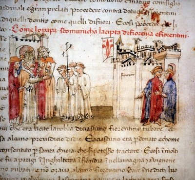 Exkomunikovaný z Florencie a Florenťanů v roce 1375 - v „“ Croniche del Sercambi“, kolem roku 1400. od Unknown artist