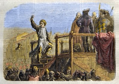 Poprava Konradina (nebo Konráda z Hohenstaufenu), sicilského krále a vévody švábského (1252-1268) na příkaz Karla z Anjou po bitvě u Tagliacozzo v roce 1268“ (poprava Konradina (nebo Konráda mladšího), posledního štauferského krále ze Sicílie, následující od Unknown artist