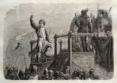 Poprava Konradina (nebo Konráda z Hohenstaufenu), sicilského krále a vévody švábského (1252-1268) na příkaz Karla z Anjou po bitvě u Tagliacozzo v roce 1268“ (poprava Konradina (nebo Konráda mladšího), posledního štauferského krále ze Sicílie, následující od Unknown artist