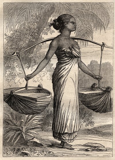 Expedice kolem světa (1790-1792) kapitána Etienna Marchanda (1755-1793): nosič vody v Timoru (Východní Timor, Indonésie) - ilustrace převzata z „Velkých námořníků 18. století““ od Unknown artist
