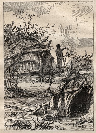 Expedice kolem světa (1790-1792) kapitána Etienna Marchanda (1755-1793): domorodé sruby země Enddacht (Austrálie) - ilustrace převzata z „Velkých námořníků 18. století““ od Unknown artist
