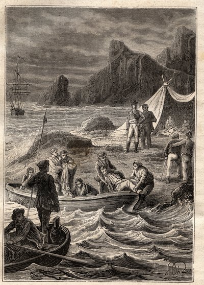 Výprava do jižních zemí (1800-1803) Nicolase Baudina (1754-1803): kurděje nemocní byli přepraveni na břeh v Zátoce dobrodružství (Tasmánie, Austrálie) - ilustrace převzata z „Velkých námořníků 18. století“ “ od Unknown artist