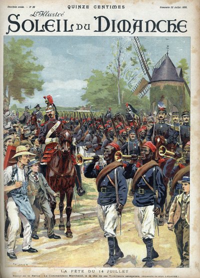 Slavnost 14. července: Velitel Marchand má hlavu senegalských jezdců. Rytina v „“Le sun-du-dimanche“, 23. července od Unknown artist
