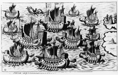 Flotila Kryštofa Kolumba (Cristoforo Colombo) k dobytí nového světa – v „Novém Tipu po cestě do Nového světa“ od Philoponus Honorius od Unknown artist