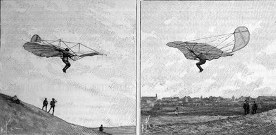 Letící letoun Otto Lilienthala (1848-1896), německého průkopníka letectví, ve dvou různých polohách (z okamžité fotografie). Rytina v „“ La Nature: revue des sciences et de leurs applications aux arts et a l