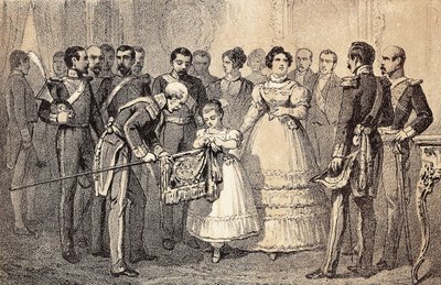 Budoucí španělská královna Isabella II (Isabella Bourbonská) (1830-1904) (Isabela II. Španělská) zdobící vlajku oštěpů stráže Řádu svatého Ferdinanda (San Fernando). Litografie. od Unknown artist