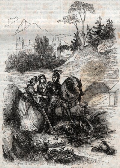 Obr Eriphile poražený Rogerem (Ruggero, Ruggiero) - rytina z roku 1851 z „“Furious Roland““ (Orlando furioso) (16. století) od Ludovica Ariosta, známého jako Ariosta – vydání přeložené z italštiny hrabětem z Tressanu a vydané od Gusta od Unknown artist