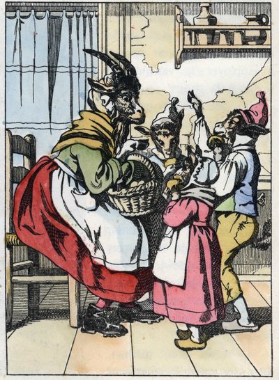 Koza je mimo trh a poslouchá historii biketů. Ilustrace příběhu „Compere le Loup, Maitre Renard, Comere la Chevre et ses petits biquets““ podle bajky Jean de la Fontaine. V „“Příběhy z domova pro nejmenší““ od Unknown artist