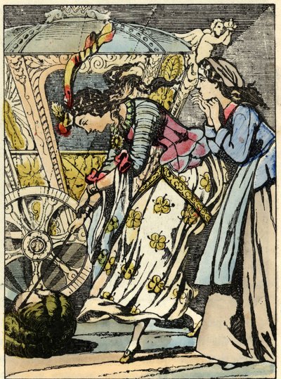 Dobráci před Popelčinýma očima dávají dýni v kočáru. Ilustrace příběhu Charlese Perraulta „Popelka aneb La petite slipper de verre“ od Unknown artist