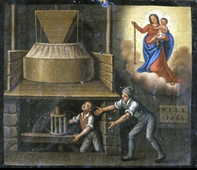 Ruka mladého dělníka je zachycena v mlýnském kameni. od Unknown artist