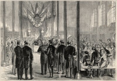 Císařský princ Eugene Louis Joseph (1856-1879) navštěvující banket svatého Karla Velikého (Svatého Karla Velikého) v Paříži v Lycee Bonaparte (tehdy Lycee Condorcet). Rytina v „The Universe Ilustrious“ od Unknown artist