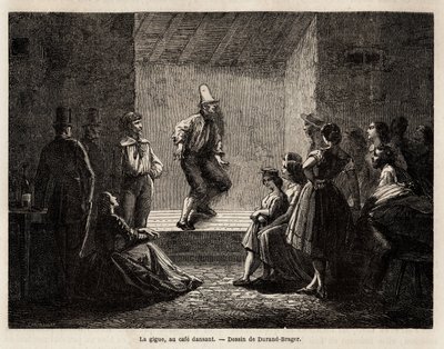 Jitter, v taneční kavárně, kresba Durand Brager, pro ilustraci Exkurze do chudých čtvrtí Londýna v roce 1862, L.Simonin. Rytina v „“Le tour du monde““, editoval Edouard Charton od Unknown artist