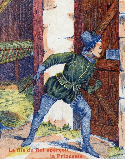 Králův syn viděl princeznu. Ilustrace k příběhu „Oslí kůže“ od Charlese Perraulta (1628-1703), francouzského spisovatele. Snímky Marcel Vagne, Jarville Nancy, nedatováno (konec 19. století). od Unknown artist