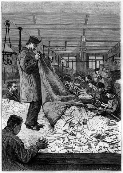 Velké tabulky dopisů v třídicích střediscích hotelu des Postes na Rue du Louvre v Paříži. Rytina v časopise „“La jeunesse““ od Unknown artist
