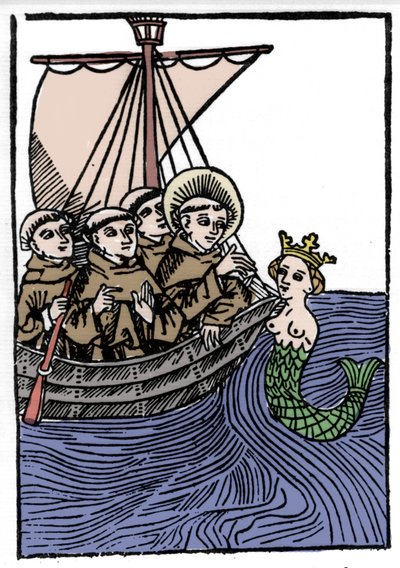 Legenda o svatém Brendanovi (Brandanovi), hrdinech a irském světci z 6. století. Setkání Saint Brendana se Sirene. Rytina „“ Die Wunderbare Meerfahrt des Hl. Brandan." Žok od Unknown artist