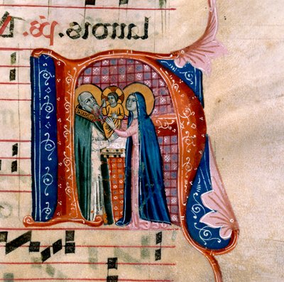 Písmeno "N" s vyobrazením Prezentace v chrámu: f.36v Antifonáře od Unknown artist