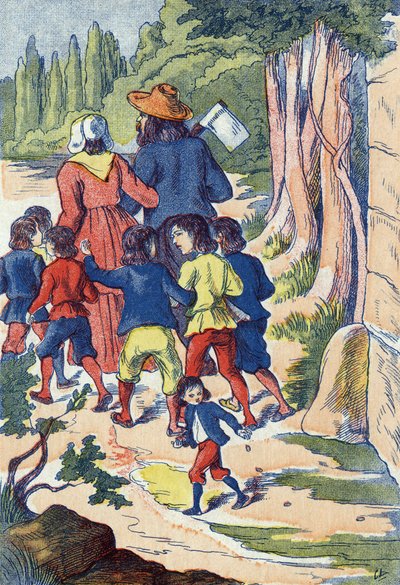 Malý kocour rozsévá kameny do cesty. Ilustrace k „“Le Pepetit poucet“, příběh Charlese Perraulta (1628-1703), francouzského spisovatele. Anonymní ilustrace. Snímky Marcel Vagne, Jarville Nancy, nedatováno (konec 19. století). od Unknown artist