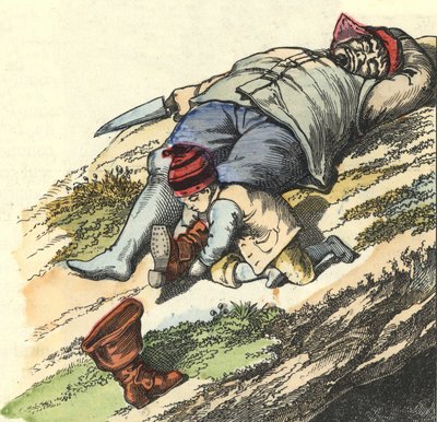 Malý kocour ukradne boty ze 7 míst spícímu zlobrovi. Ilustrace příběhu „Le Petit Poucet““ od Charlese Perraulta od Unknown artist