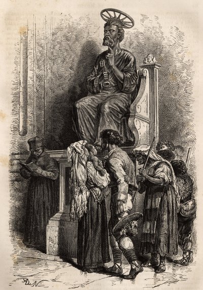 Spodní noha bronzové sochy svatého Petra, předmět úcty pro katolické peleríny vstupující do vatikánské baziliky svatého Petra. Rytina k ilustraci příběhu Ludovica Cellera: la semaine sainte à Rome, en 1863, v „Le tour du monde, nou od Unknown artist