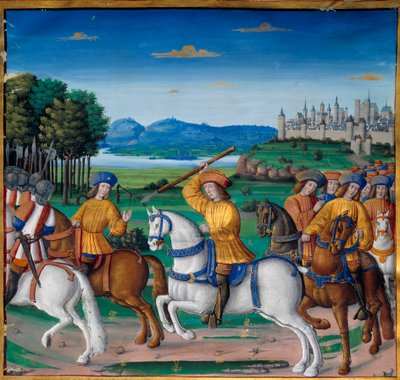 Šílenství Karla VI. (1368 - 1422). 5. srpna 1392 začal v lese Le Mans zažívat útoky zuřivého šílenství: křičel za zradu, zaútočil na vlastní oddíl a zabil čtyři lidi. Letopisy Enguerranda de Monstrelet (v. 1400 od Unknown artist