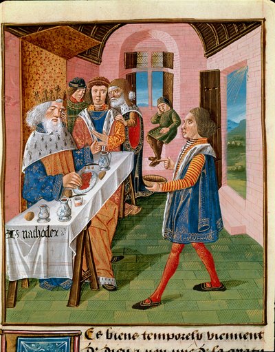 Jídlo sicilského krále, Arthagoglova miniatura z „Knihy dobrých Maurů“ od Jakuba Velikého (1360-1415/1418), věnovaná Janu vévodovi z Berry od Unknown artist