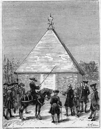 Míra stupně Ekvádoru v 18. století: pyramida v Carabourou, Peru, postavená La Condamine v roce 1736. Rytina v „“ La Nature: revue des sciences et de leurs applications aux arts et a l