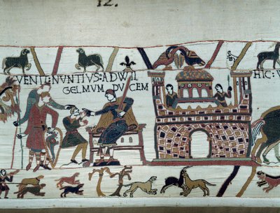 Poslové normandského krále Viléma Dobyvatele (1027-1087) ho informovali, že Harold, který přišel z Anglie jménem anglického krále Edwarda Vyznavače, byl zajat hrabětem Guyem de Ponthieu Detail tapiserie z Bayeux neboli Emb od Unknown artist