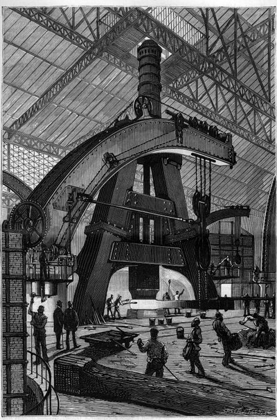 Kovodělný průmysl: Forge. Parní kladivo Creusot (bubenické kladivo) instalované v továrnách Schneider a Compagnie. Gravírování do ""La Nature"" od Unknown artist