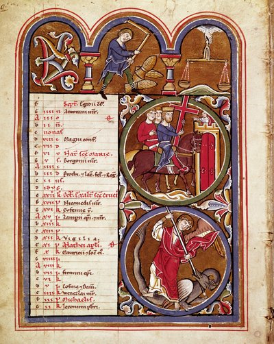 Měsíc září, zemědělské práce (sklizně, mlácení pšenice s květem), svátek povýšení kříže, sv. Jiří porazil draka Rukopis převzat z „“Žaltáře sv. Alžběty“““ 13. stol. Cividale, Mus od Unknown artist
