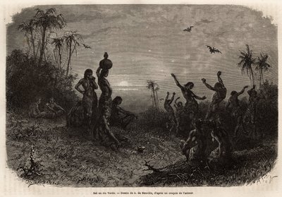 Měsíční ples, který uzavírá obřad 18. výročí a svatbu mladého Inda z Rio Verde (Brazílie). Rytina pro ilustraci plavby do Nové Granady, od Dr. Saffraye, v roce 1869, publikovaná v „“Le tour du monde“““ 1873, editoval od Unknown artist
