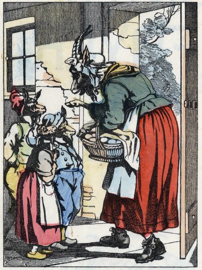 Matka koza odchází na procházku a varuje své bikety. Ilustrace příběhu „Compere le Loup, Maitre Renard, Comere la Chevre et ses petits biquets““ podle bajky Jean de la Fontaine. V „“ Pohádky z domova pro nejmenší““. Anonymní e od Unknown artist