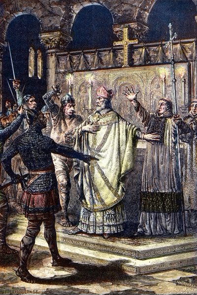 Vražda svatého Thomase Becketa v katedrále v Canterbury, 29. prosince 1170, rytíři ze dvora krále Jindřicha II. (dřevorytina od Unknown artist