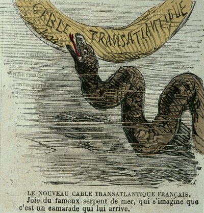 Nový francouzský transatlantický kabel - Radost ze slavného mořského hada, který si představuje, že je to soudruh, který k němu přichází. Vtipná kresba obřího mořského hada a transatlantického kabelu položeného v roce 1858. Erotická rytina. od Unknown artist