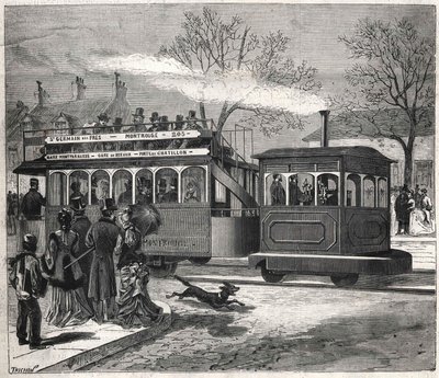 Nové parní tramvaje v Paříži v roce 1876 jezdící na lince Saint - Germain - des - Prés u dveří Chatillonu s rytinou sbírky Bianchetti. od Unknown artist