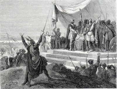 Přísaha dvou bratrů před jejich brněním: Karel II. Plešatý a Ludvík II. Germánský skládají přísahu proti Lothaireovi I. (Přísahy Štrasburku 842). Rytina 19. století. od Unknown artist