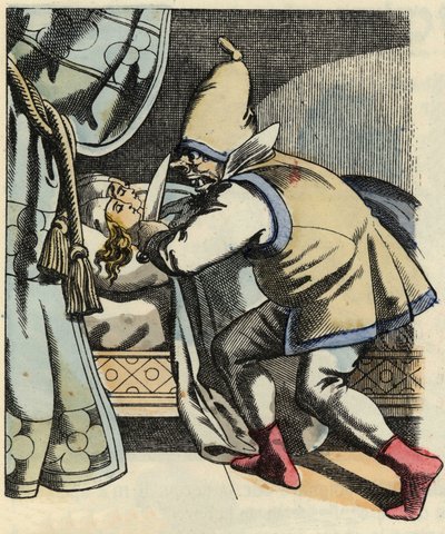 Zlobr řeže hlavu svým sedmi dcerám a myslí na to, že zabije Little Poulet a jeho bratry. Ilustrace příběhu „Le Petite Poucet“ od Charlese Perraulta od Unknown artist