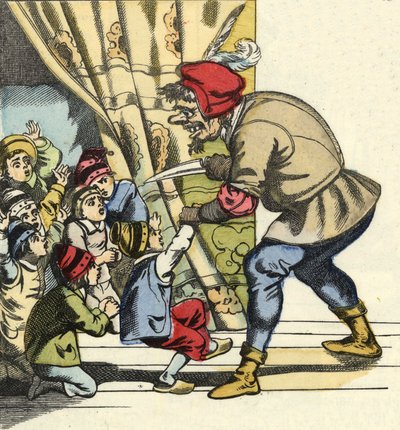 Zlobr si vezme dítě s úmyslem ho sežrat. Ilustrace pohádky „Le Pepetit Poucet““ od Charlese Perraulta od Unknown artist