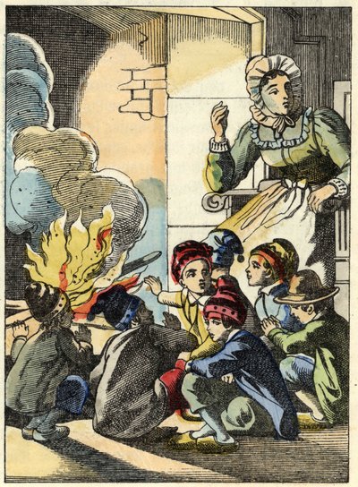 Zlobrova žena ohřívá Little Poucet a jeho bratry ohněm. Ilustrace pohádky „Le Pepetit Poucet““ od Charlese Perraulta od Unknown artist