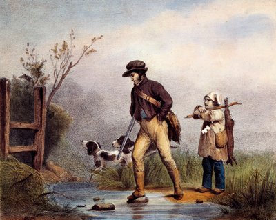 V pasáži jsou lovci přecházející vodní tok pěšky. Litografie Gien z 19. století, lovecké muzeum od Unknown artist